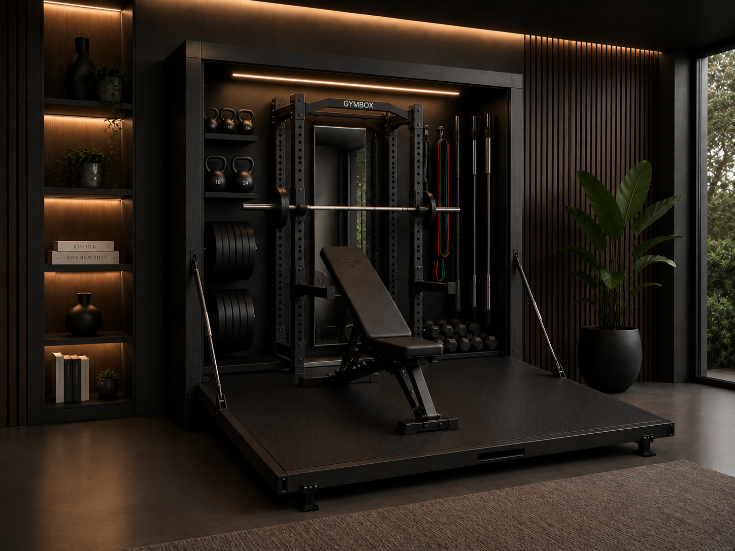 GYMBOX aberta: painel frontal rebatido no chão como plataforma de treino