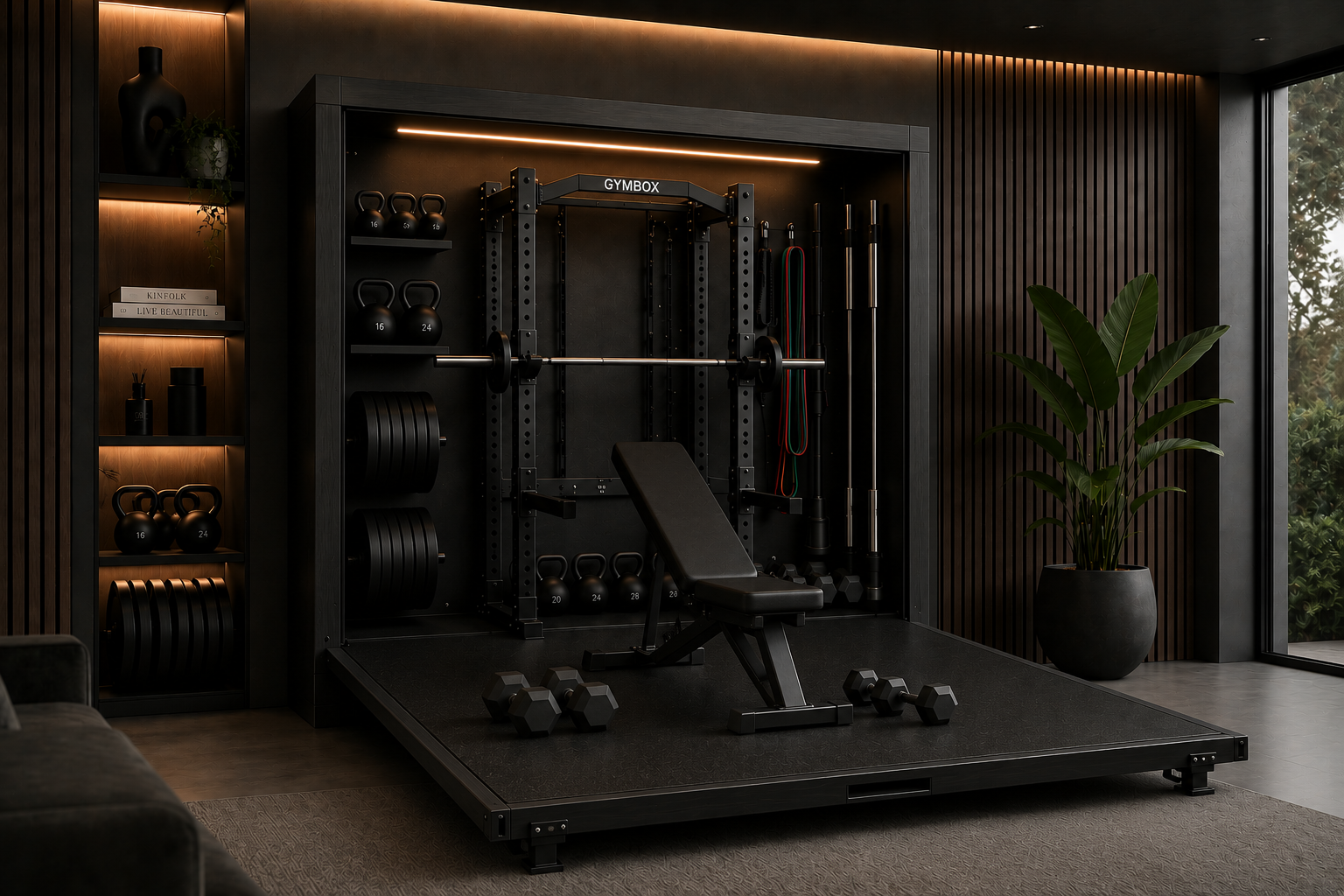 GYMBOX ONE aberta com rack, banco, discos e kettlebells